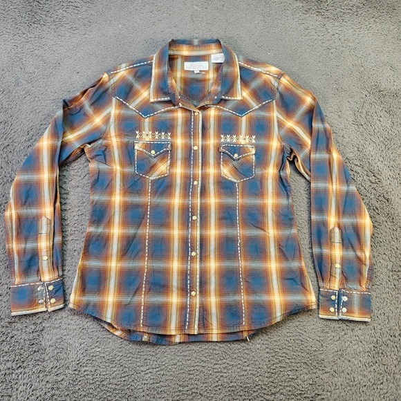 Panhandle Slim Tops - Panhandle Shirt Womens Large Blue Yellow Plaid Western Pearl Snap Embroidered